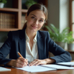 Femme écrivant une lettre dans un bureau organisé