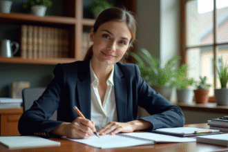 Femme écrivant une lettre dans un bureau organisé