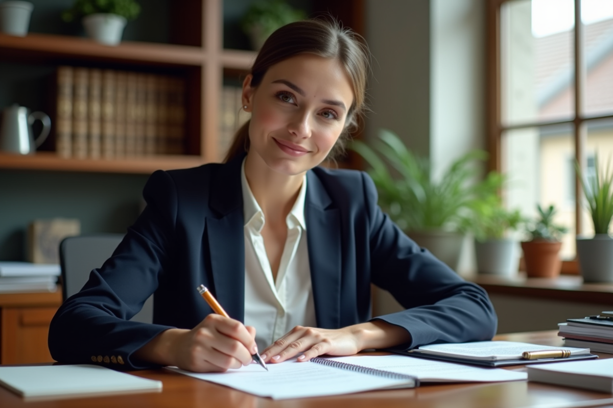 Femme écrivant une lettre dans un bureau organisé