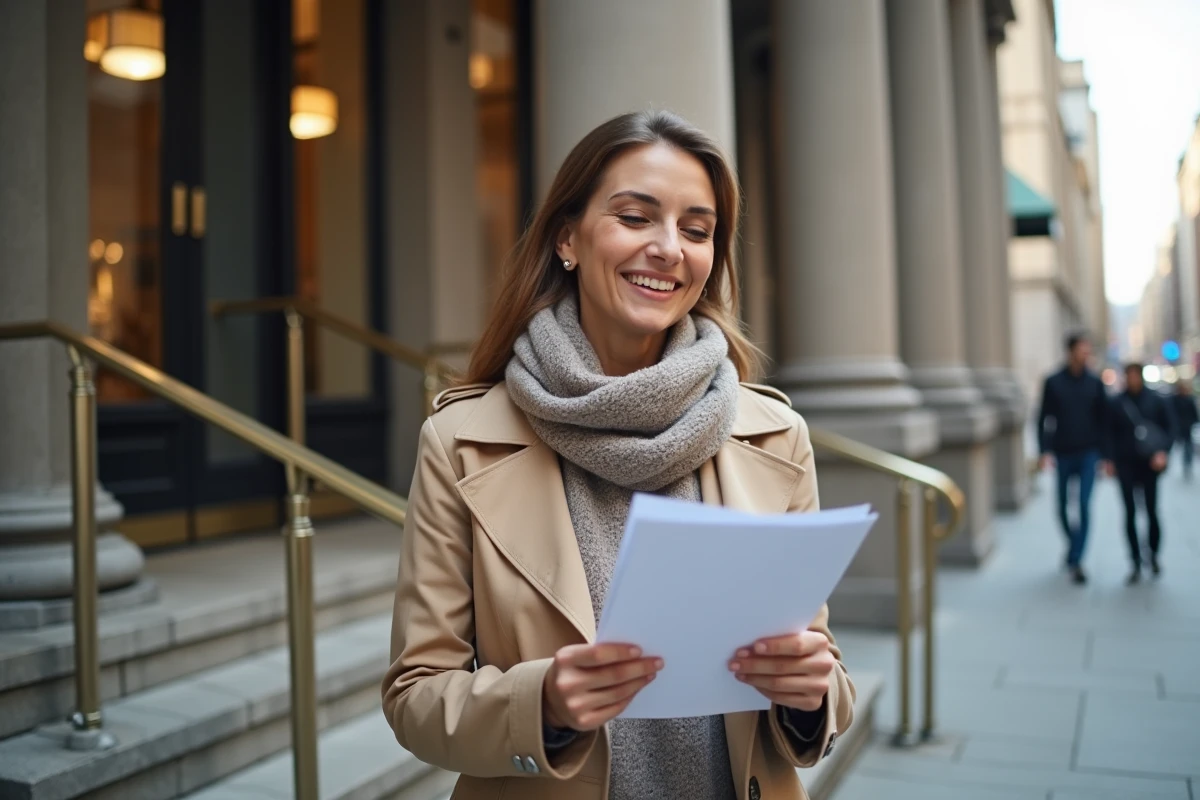 Femme entrepreneure vérifiant ses papiers devant une banque