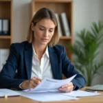 Femme consultant des documents d'épargne logement et un livret bancaire à son bureau à domicile