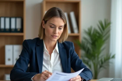 Femme consultant des documents d'épargne logement et un livret bancaire à son bureau à domicile