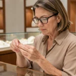 Femme examinant une bague en or 9 carats dans une bijouterie pour évaluer sa valeur avant de vendre