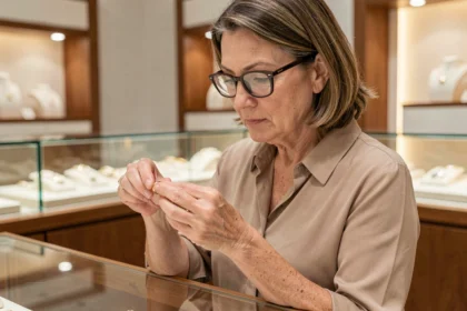 Femme examinant une bague en or 9 carats dans une bijouterie pour évaluer sa valeur avant de vendre