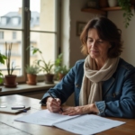 Femme méditerranéenne lisant des documents dans un appartement parisien