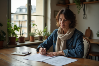 Femme méditerranéenne lisant des documents dans un appartement parisien