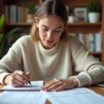 Femme consultant ses fiches de paie et documents de budget à son bureau à domicile pour calculer ses aides et primes sur un salaire de 2480 euros brut