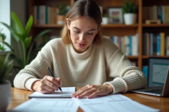 Femme consultant ses fiches de paie et documents de budget à son bureau à domicile pour calculer ses aides et primes sur un salaire de 2480 euros brut