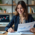 Jeune femme en bureau moderne examine rapport financier
