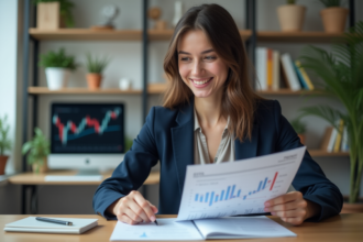 Jeune femme en bureau moderne examine rapport financier
