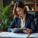Femme d'affaires en bureau moderne examine des rapports financiers
