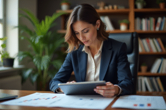 Femme d'affaires en bureau moderne examine des rapports financiers