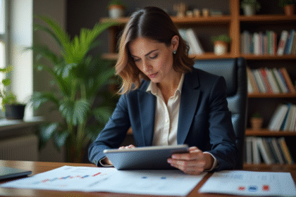 Femme d'affaires en bureau moderne examine des rapports financiers