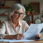 Femme d'environ 50 ans examinant documents financiers à domicile