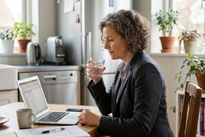 Femme d affaires à la maison consulte ses finances