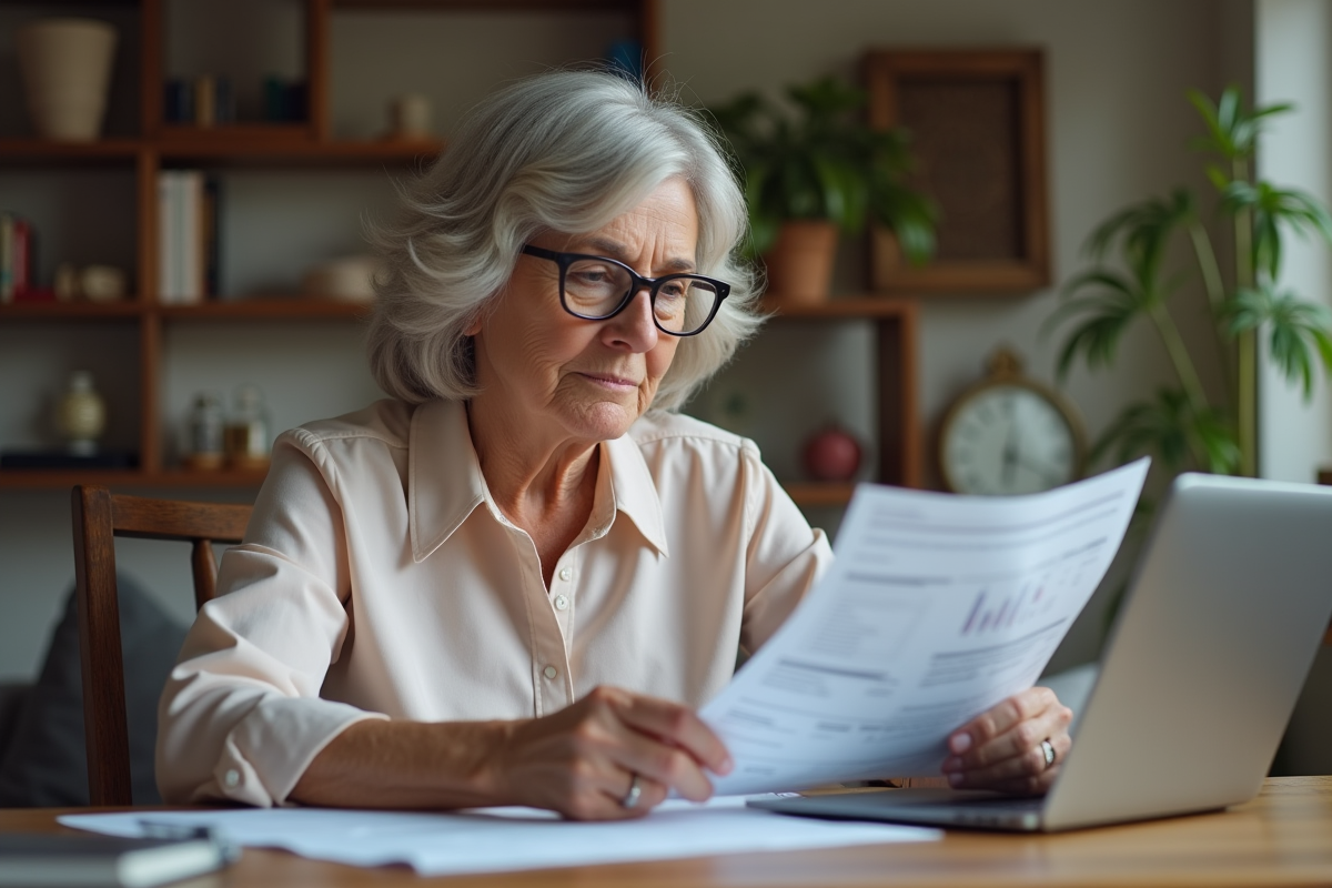 Femme d'environ 50 ans examinant documents financiers à domicile