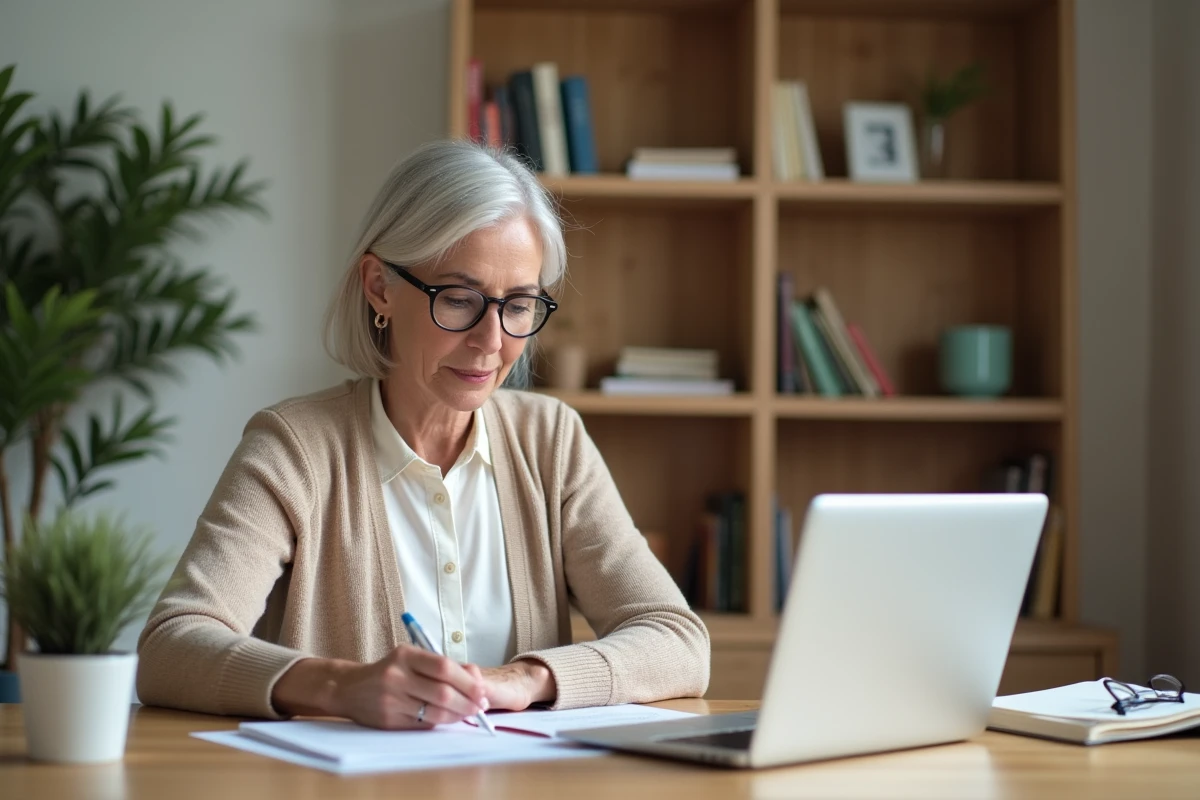 Femme remplissant un formulaire de sinistre ACM IARD à son domicile avec un ordinateur portable pour trouver l'adresse de l'agence