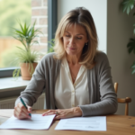 Femme d'âge moyen examinant des documents financiers à la maison