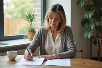 Femme d'âge moyen examinant des documents financiers à la maison