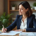 Femme professionnelle examine documents de mortgage dans un bureau lumineux