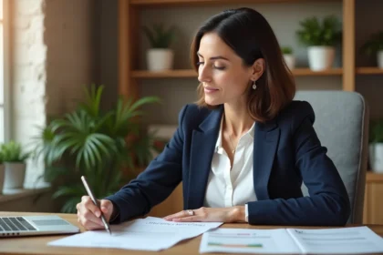 Femme professionnelle examine documents de mortgage dans un bureau lumineux