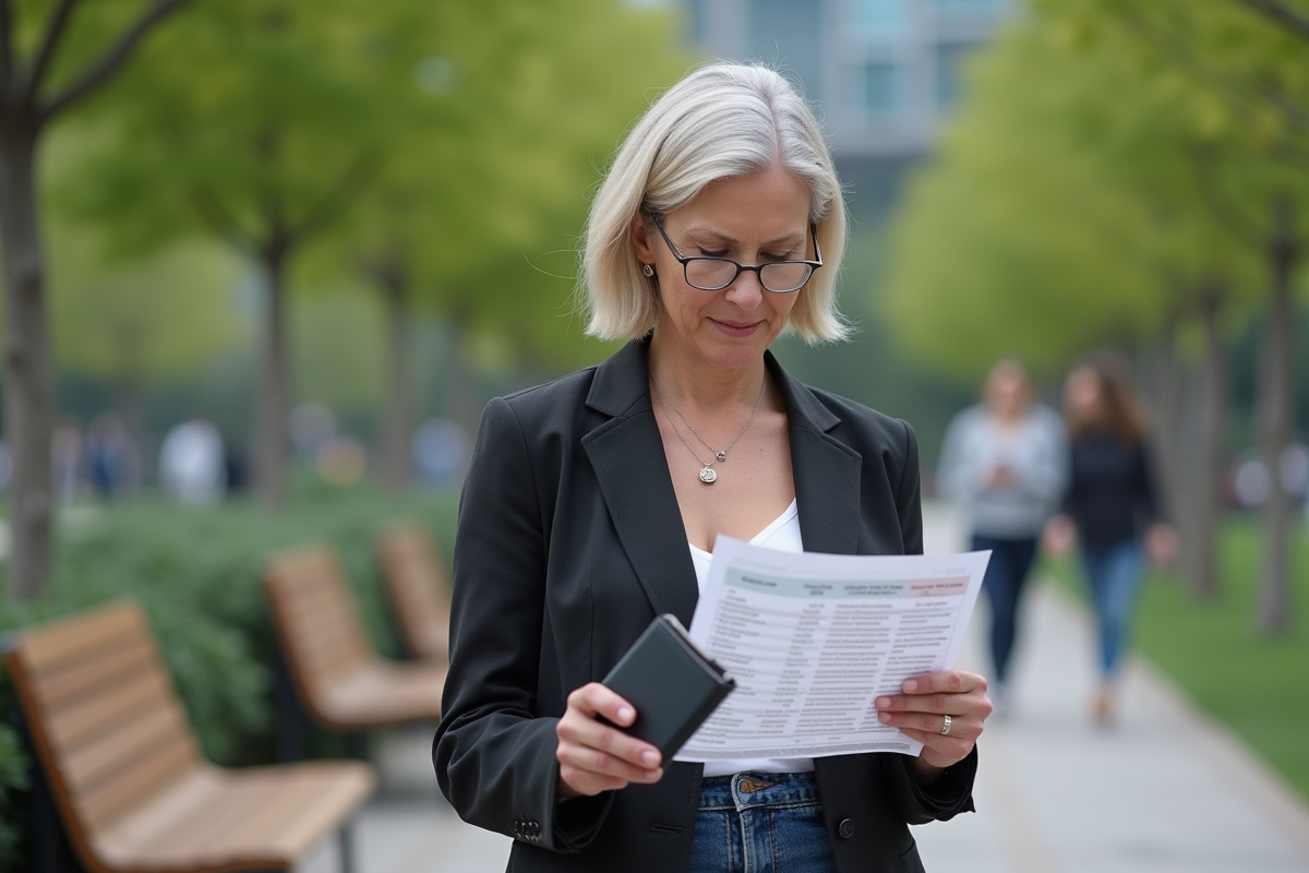 Femme avec portefeuille crypto et graphique dans un parc urbain