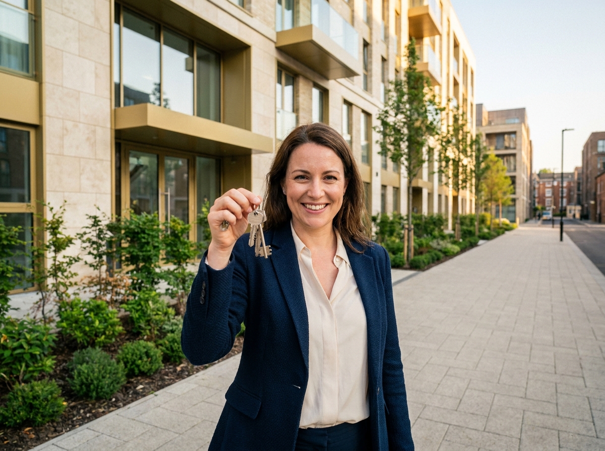 Femme souriante tenant des clés devant un bâtiment