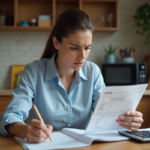Femme inquiète vérifiant ses comptes bancaires à la maison