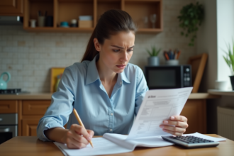 Femme inquiète vérifiant ses comptes bancaires à la maison