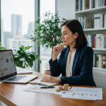 Femme d affaires en bureau analysant son portefeuille d investissements