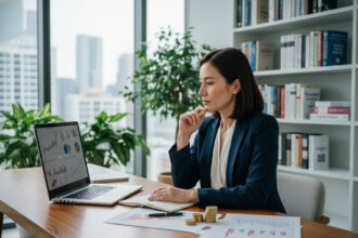 Femme d affaires en bureau analysant son portefeuille d investissements