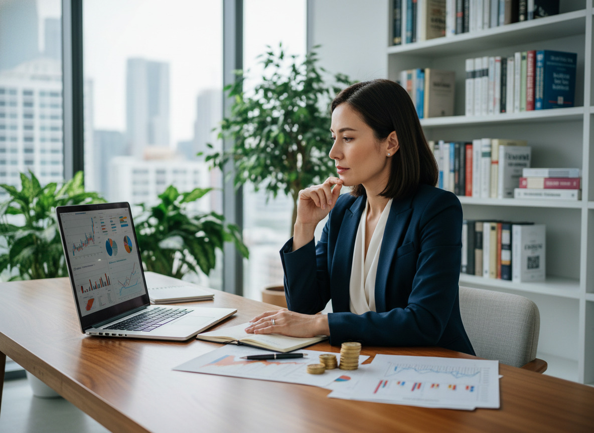 Femme d affaires en bureau analysant son portefeuille d investissements