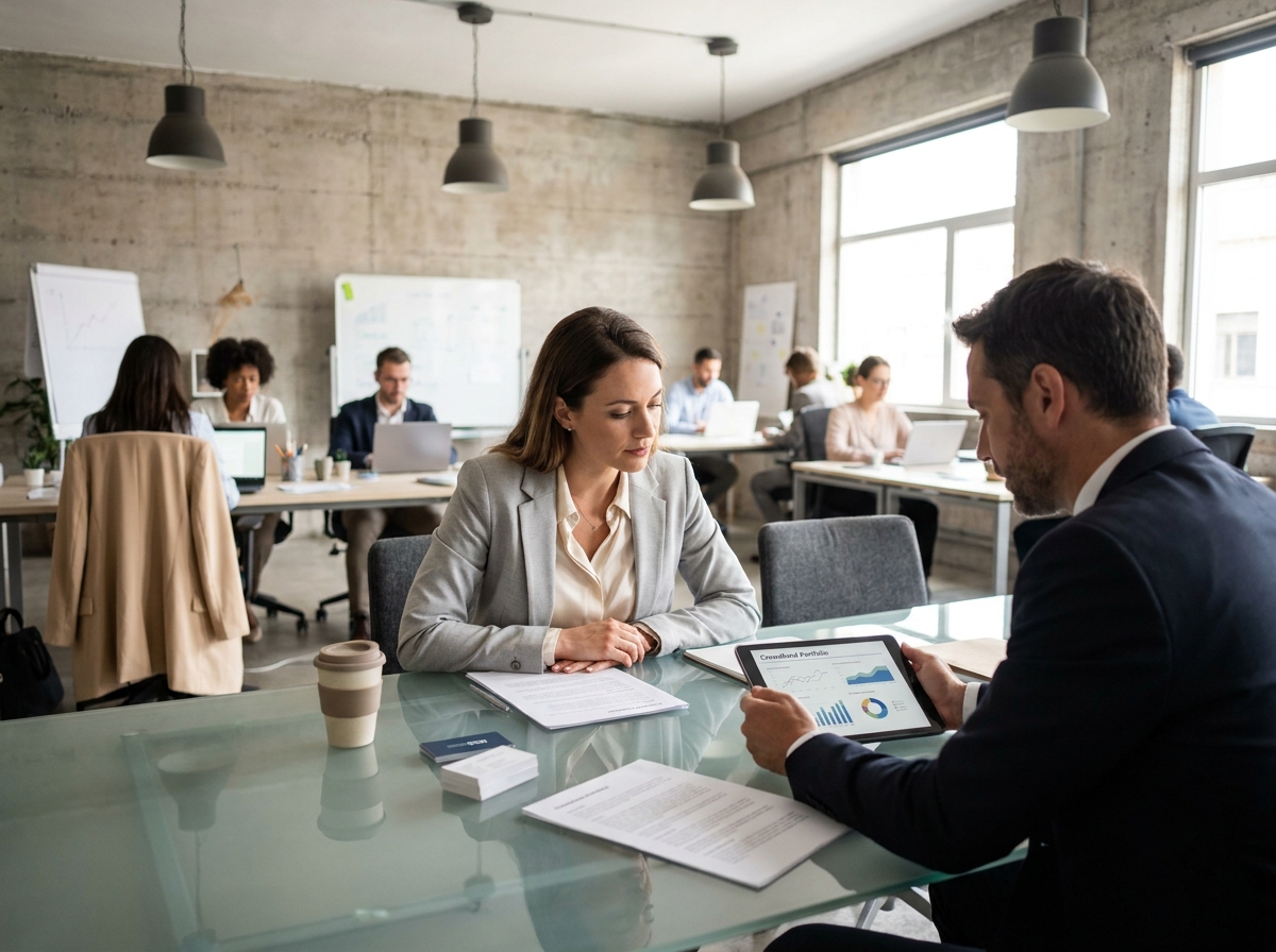 Femme investisseuse discutant de stratégie de crowdfunding avec un conseiller financier dans un espace de coworking