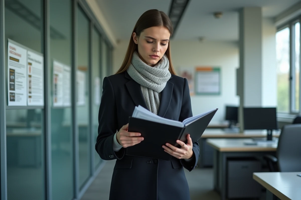 Jeune femme examine dossier de licence taxi en bureau