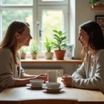 Femme et fille discutent à la cuisine chaleureuse