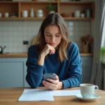 Femme pensant avec facture et smartphone dans la cuisine