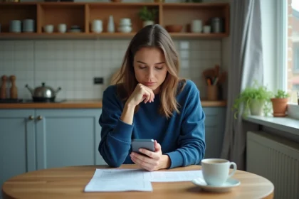 Femme pensant avec facture et smartphone dans la cuisine