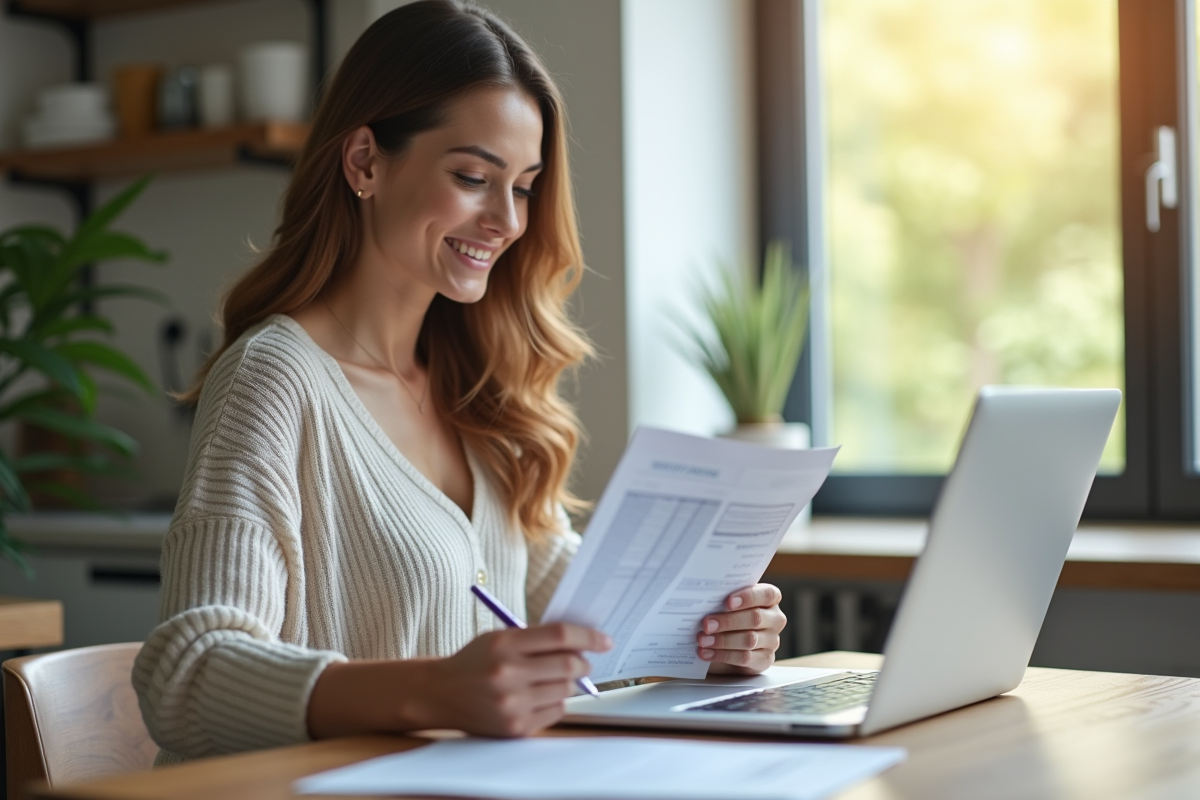 Femme souriante vérifiant ses factures dans une cuisine lumineuse