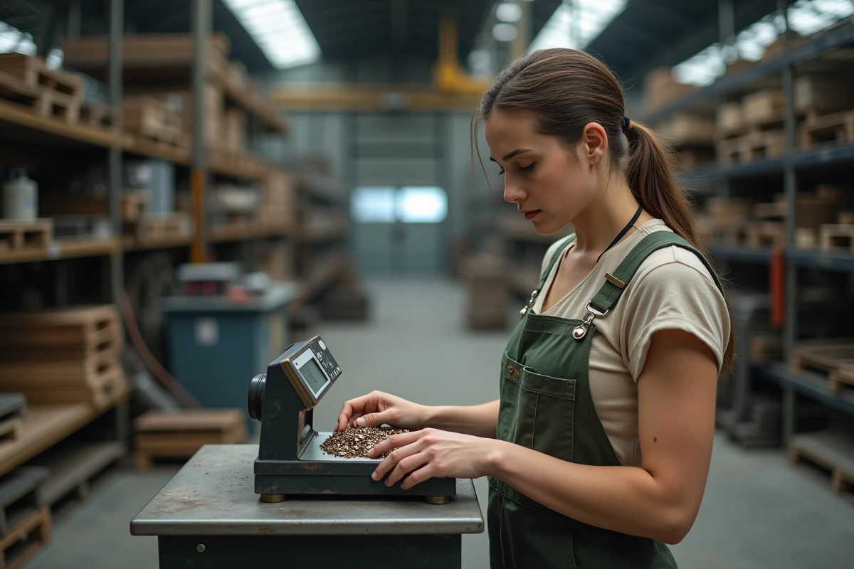 Jeune femme en overalls pesant des brasses sur une balance