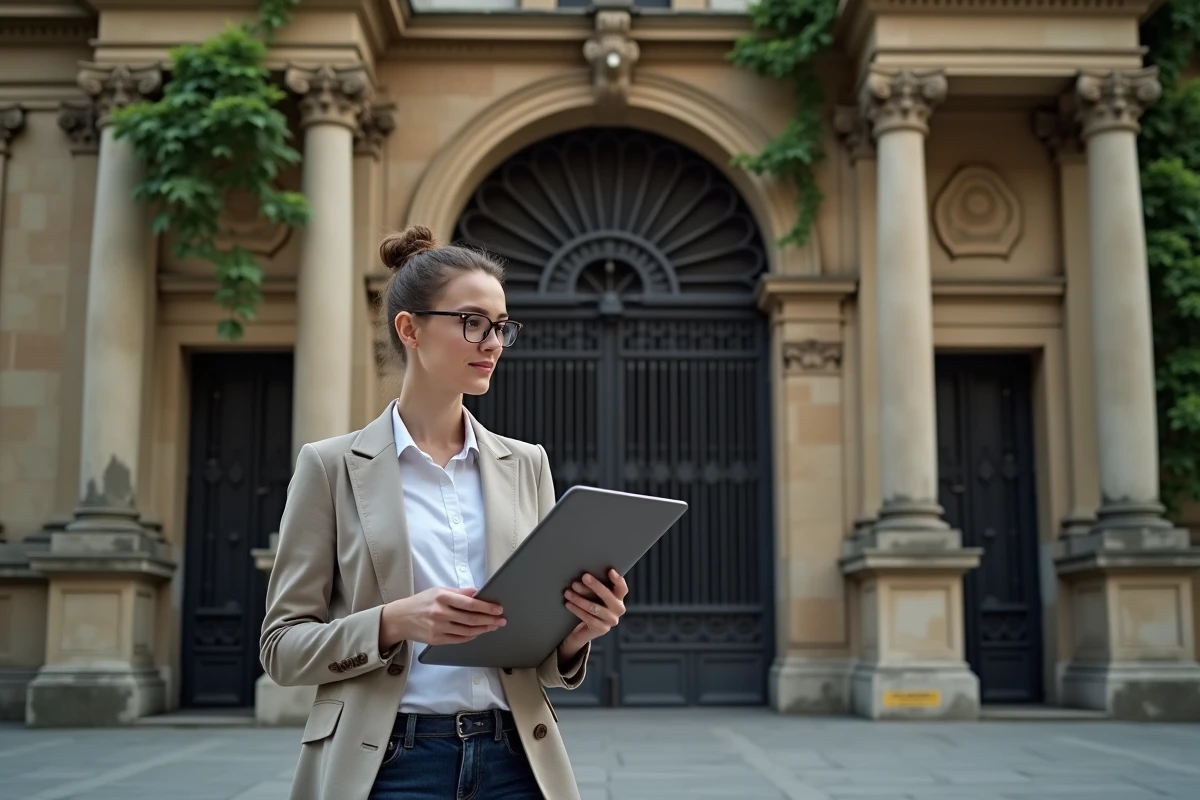 Jeune femme devant un monument historique avec dossier et tablette