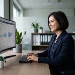 Femme en costume utilisant un logiciel CRM en bureau