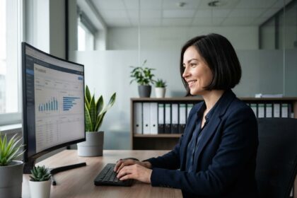 Femme en costume utilisant un logiciel CRM en bureau