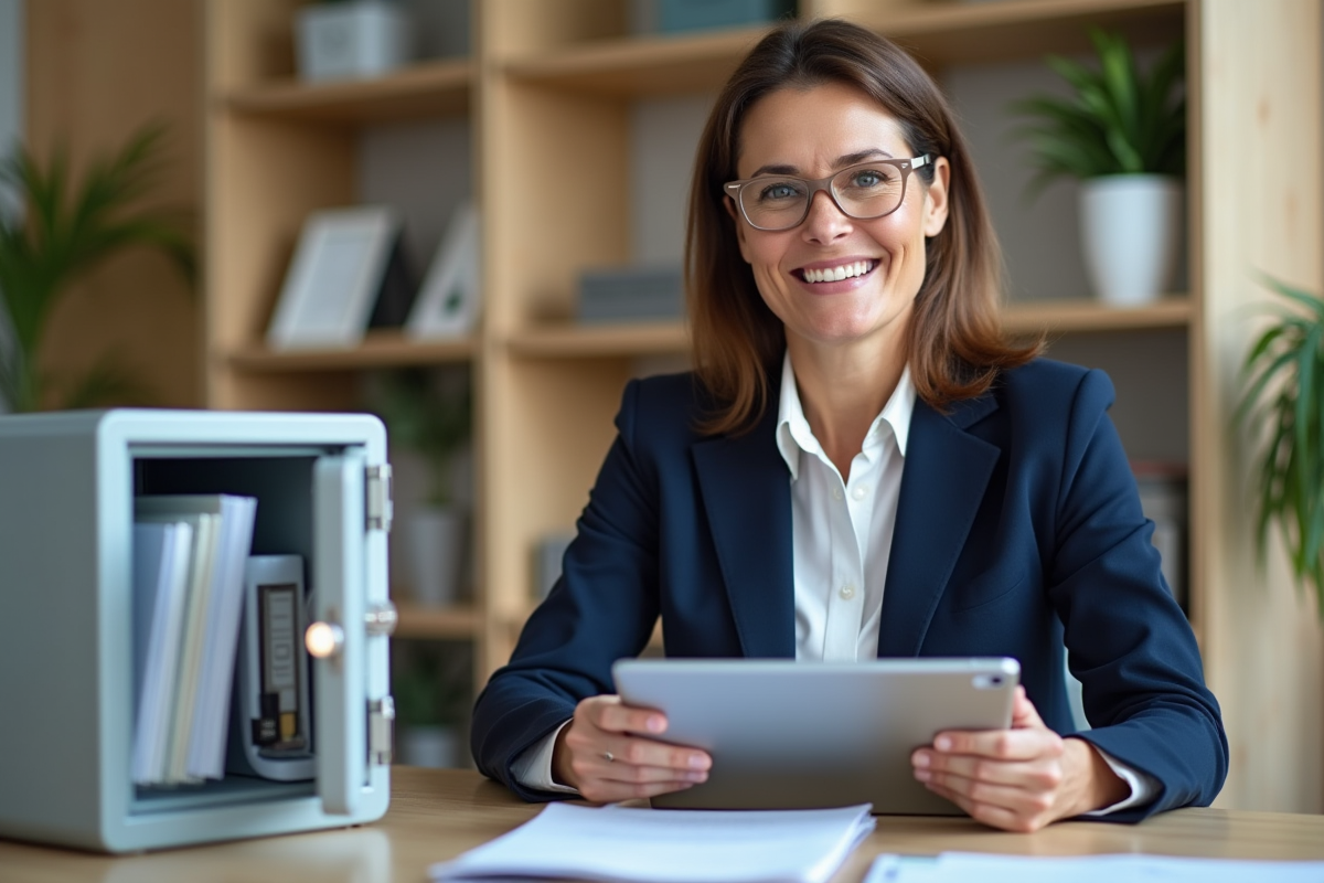 Femme d'âge moyen en blazer navy tenant un tablet dans un bureau moderne