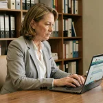 Femme consultant le portail Ciclade sur un ordinateur portable pour rechercher des comptes bancaires inactifs