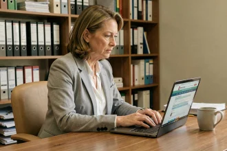 Femme consultant le portail Ciclade sur un ordinateur portable pour rechercher des comptes bancaires inactifs