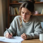 Femme examinant un relevé bancaire pour identifier et bloquer un prélèvement automatique indésirable de REMISEREDUC