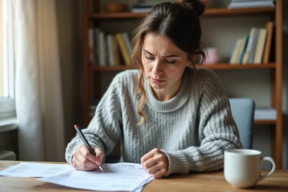 Femme examinant un relevé bancaire pour identifier et bloquer un prélèvement automatique indésirable de REMISEREDUC