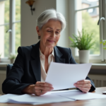 Femme retraitée souriante lisant documents officiels dans un bureau parisien