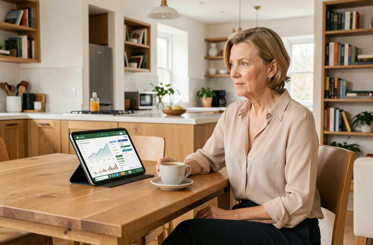 Femme évaluant ses revenus passifs issus de SCPI sur une tablette à domicile