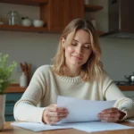 Femme dans la cuisine examine des papiers avec concentration